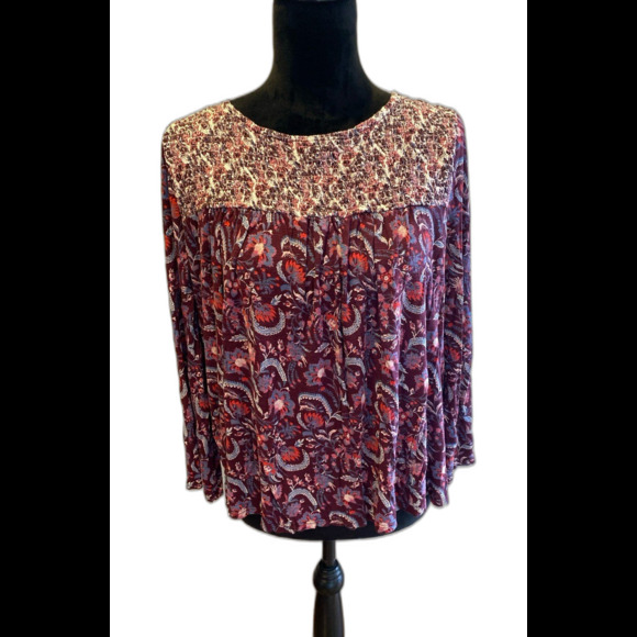 Lucky Brand Blouse Size XL Burgundy Smocked Top Bell Sleeves Boho Peasant - Picture 1 of 10